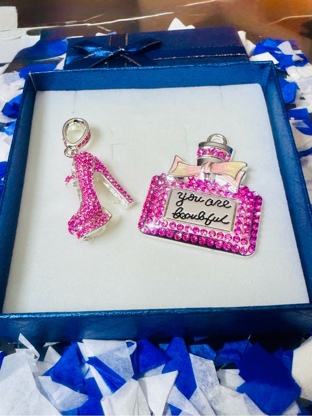 You Are Beautiful Pink Crystal Perfume Bottle & High Heel Charm Set